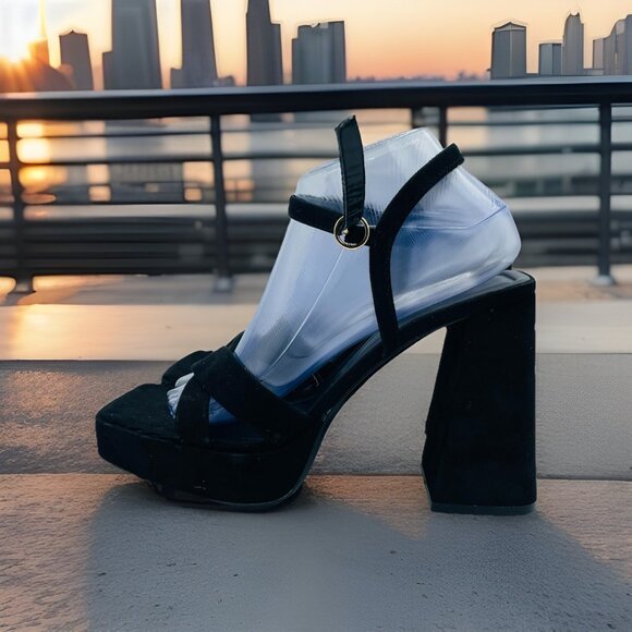 Zara Sandals Womens 8.5 /EU39 Black Y2K Square Ankle Strap Chunky Block Heel - Picture 2 of 13